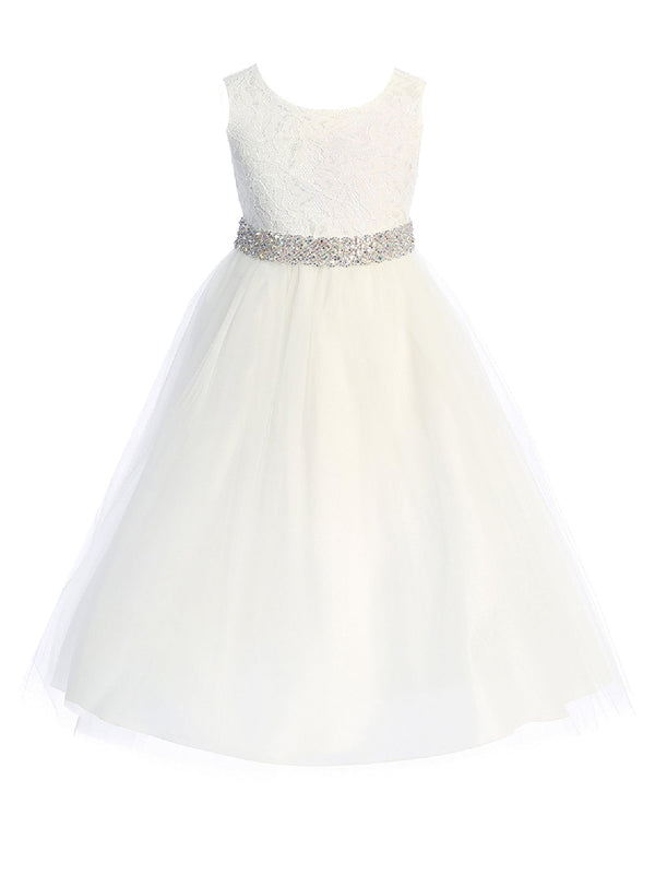 Big Girls Ivory Lace Wide Rhinestone Trim Tea Length Junior Bridesmaid Dress 8-14 - SophiasStyle.com